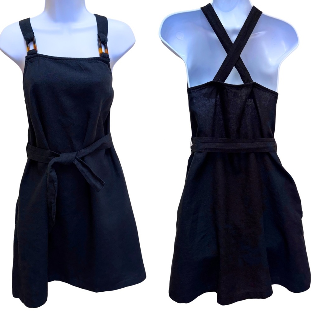 Tavik Linen Black Sleeveless Mini Dress Adjustable Straps Self Tie Pockets Sz S